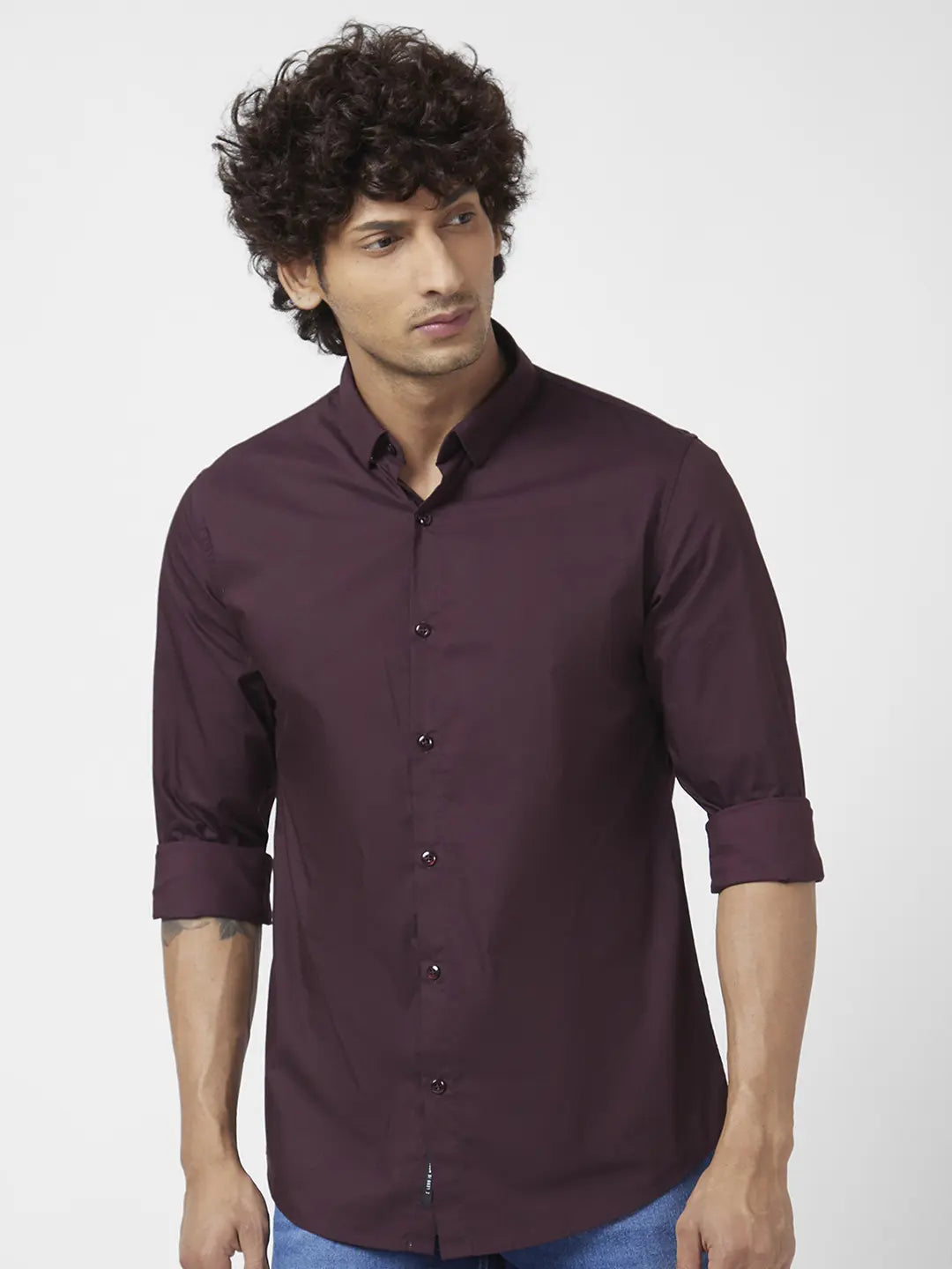 Spykar Men Deep Wine Red Dyed Regular Slim Fit Full Sleeve Plain Shirt