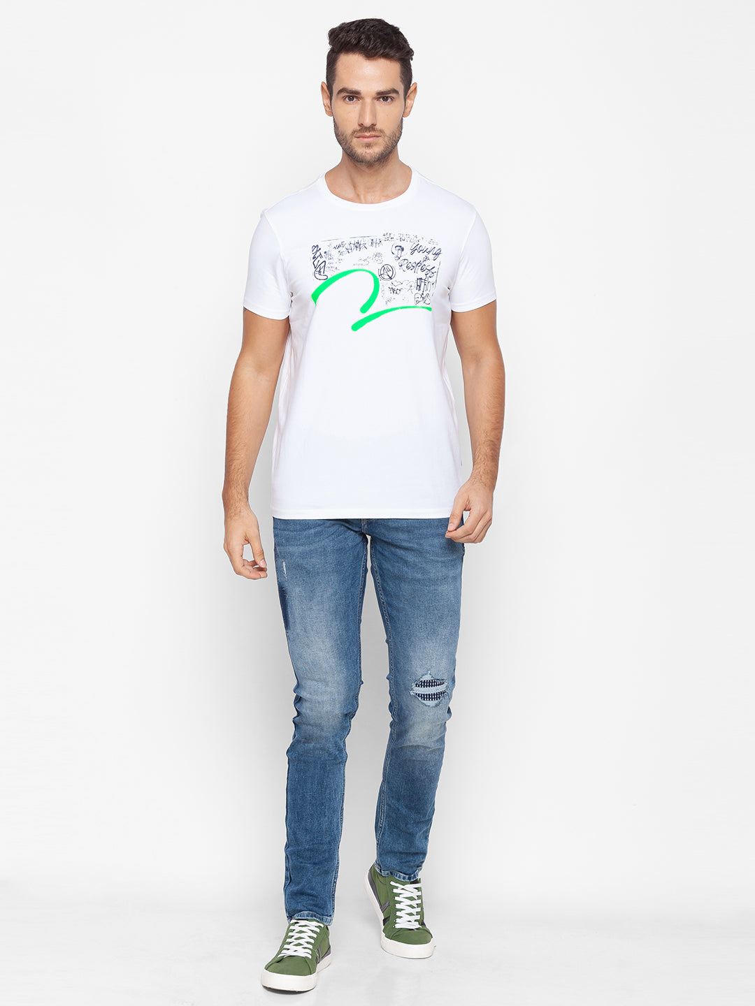 Spykar Men White Cotton Slim Fit Round Neck T-Shirt