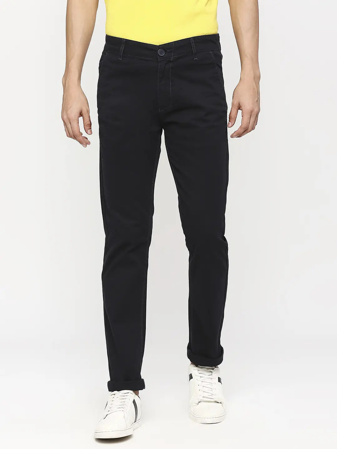 Spykar Men Navy Blue Cotton Slim Fit Casual Trousers