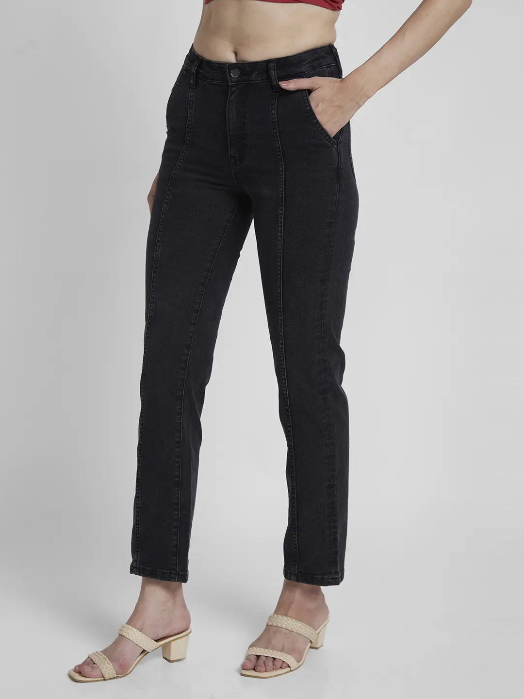 Spykar Women Black Lycra Slim Straigth Fit Ankle Length Clean Look Jeans -(Emma)