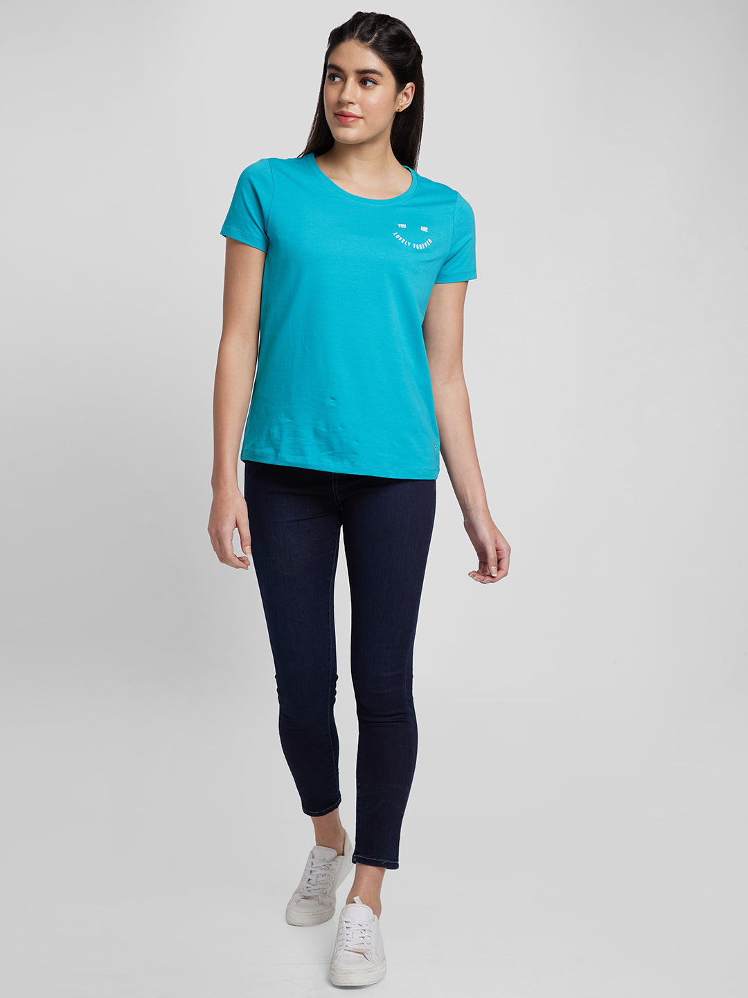 Spykar Women Sea Green Blended Regular Fit Printed Round Neck T-Shirts