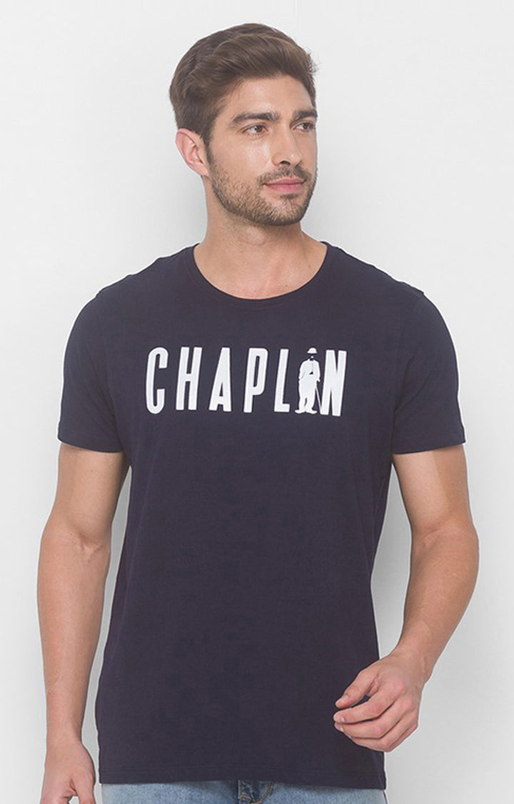 Charlie Chaplin Spykar Men Navy Blue Cotton Slim Fit Round Neck Printed T-Shirt