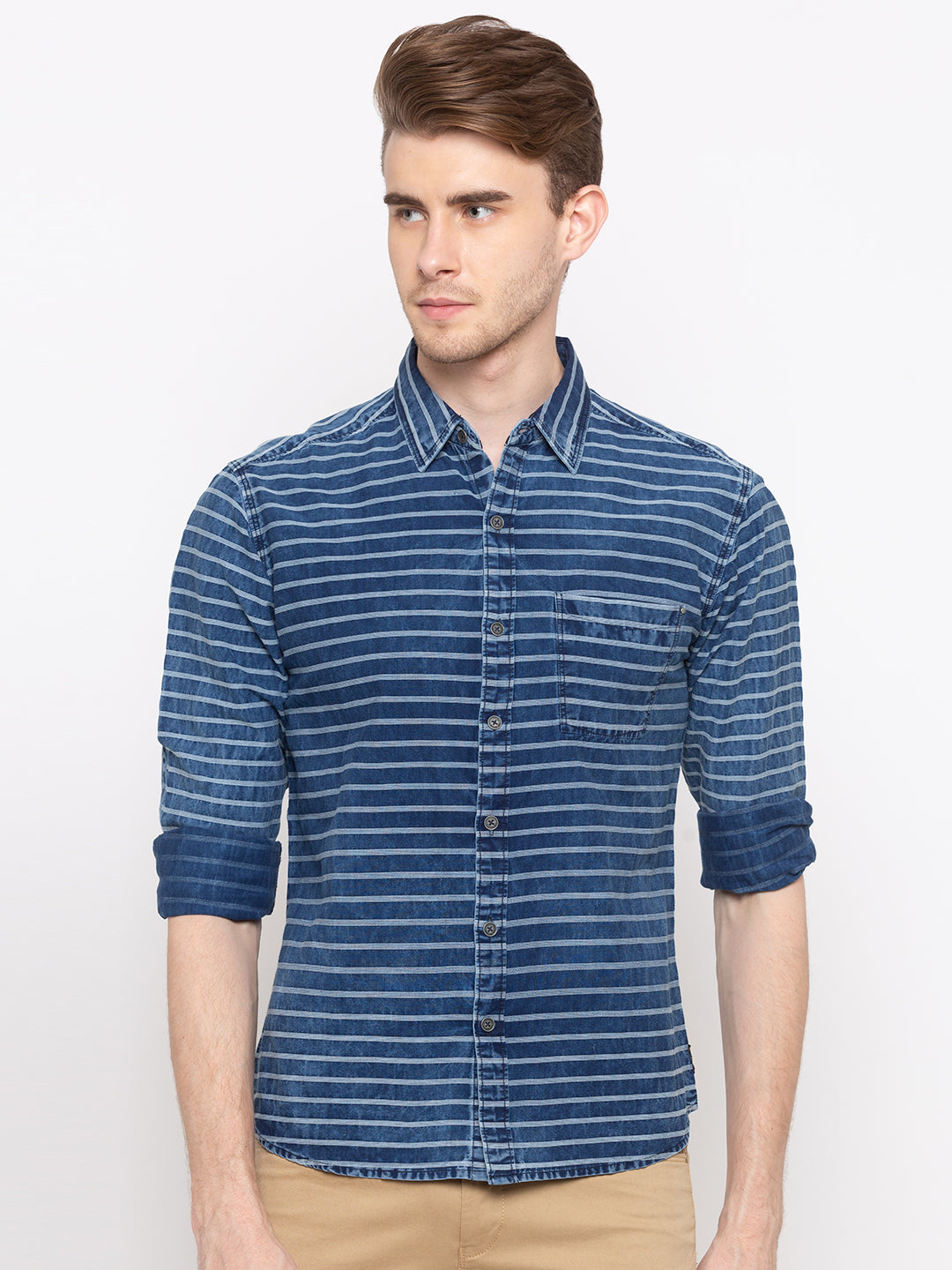 Spykar Men Indigo Striped Slim Fit Casual Shirt