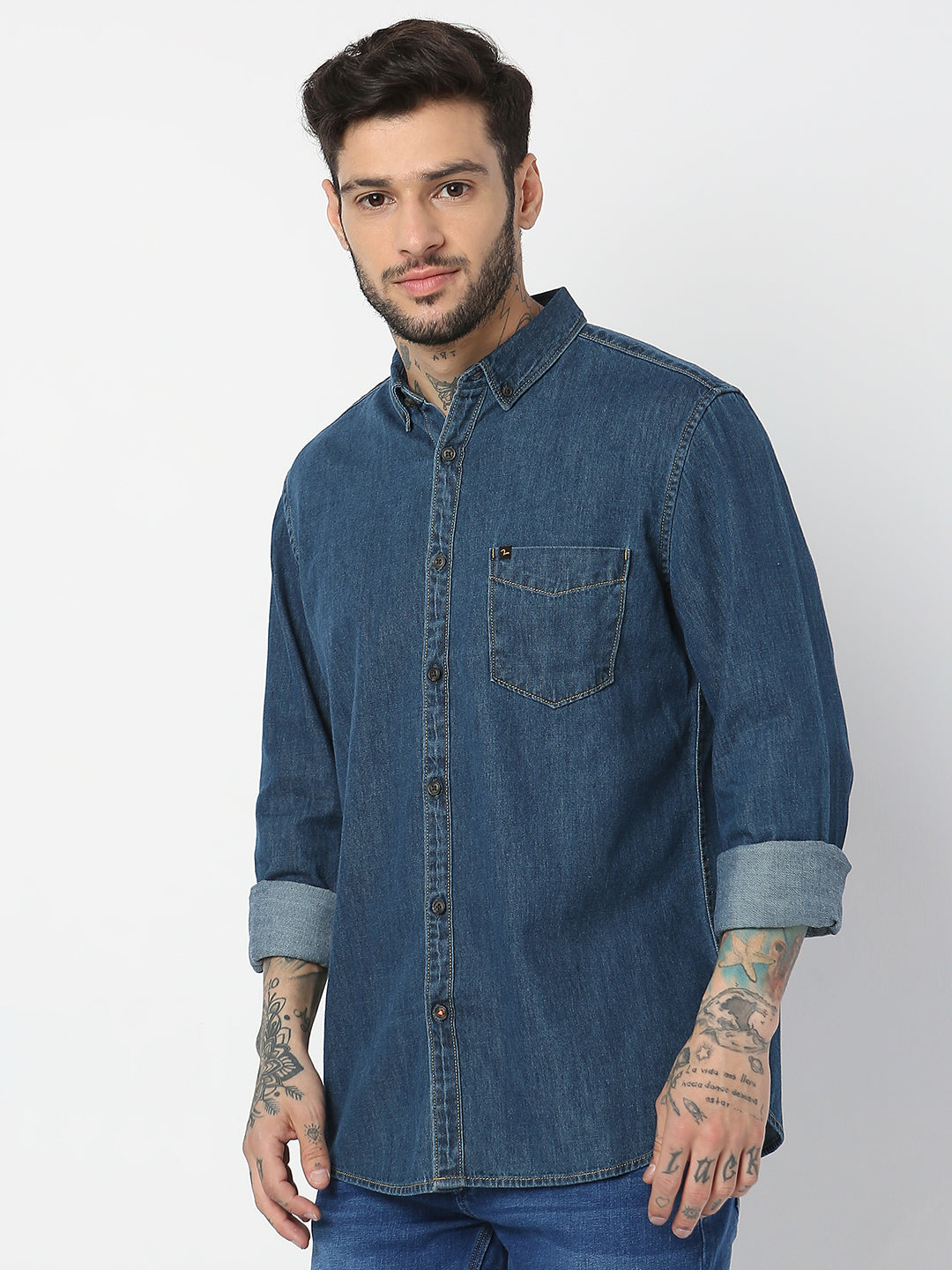 Spykar Men Dark Blue Cotton Slim Fit Denim Shirts