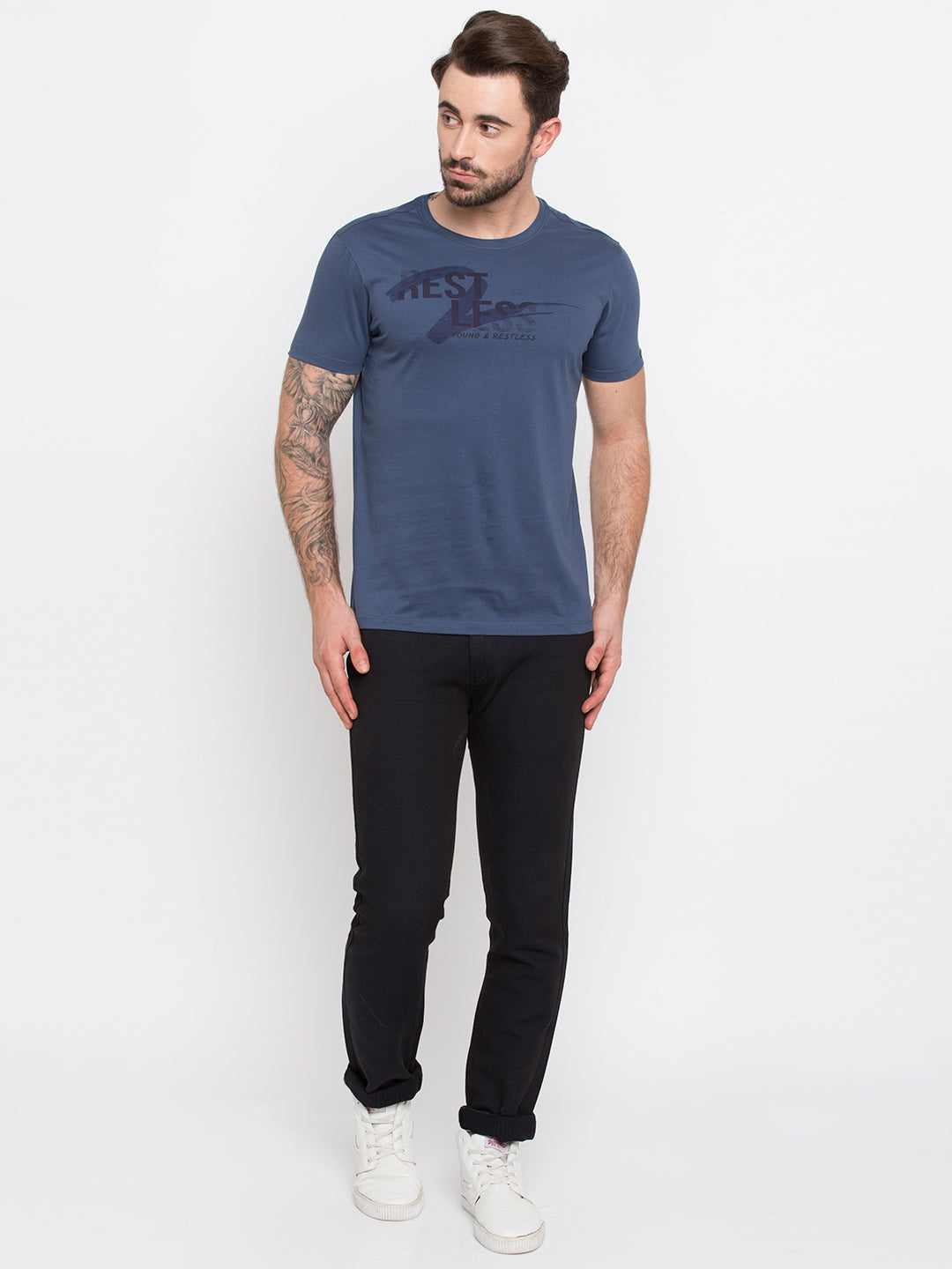 Spykar Men Blue Cotton Slim Fit Round Neck T-Shirt