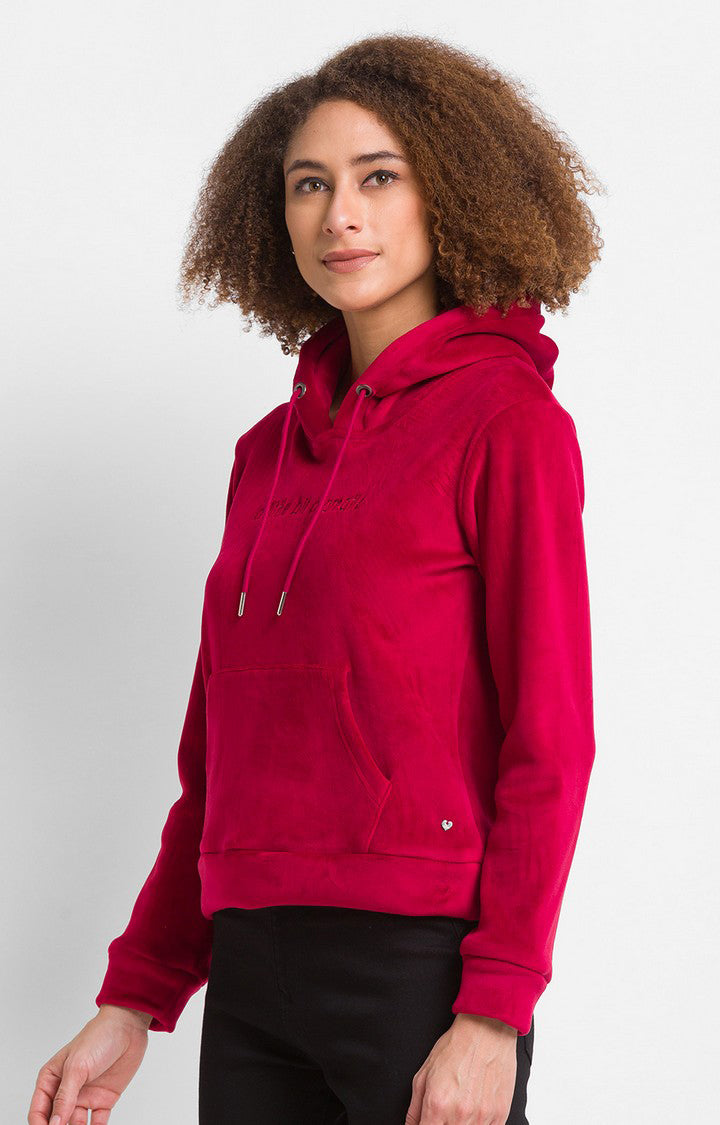 Spykar Wine Cotton Blend Full Sleeve Hooded Sweatshirts For Women