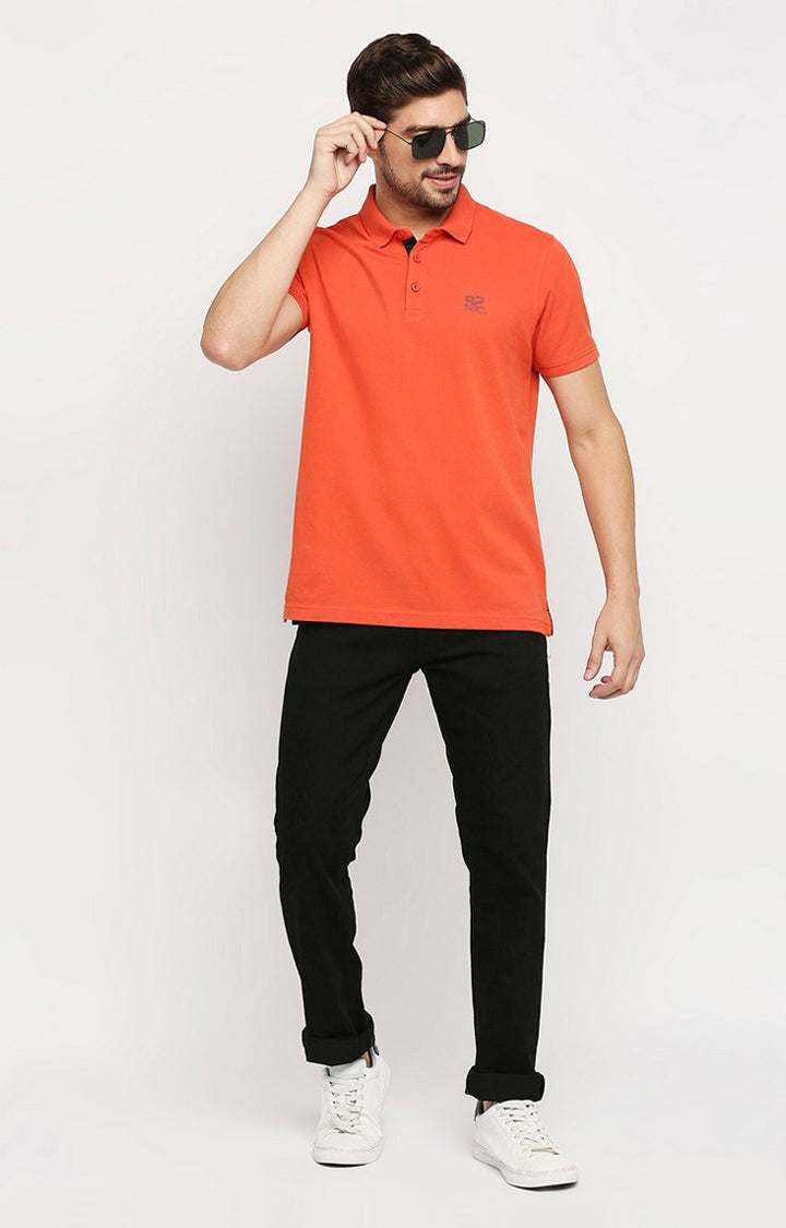 Spykar Men Orange Cotton Regular Polo T-Shirt