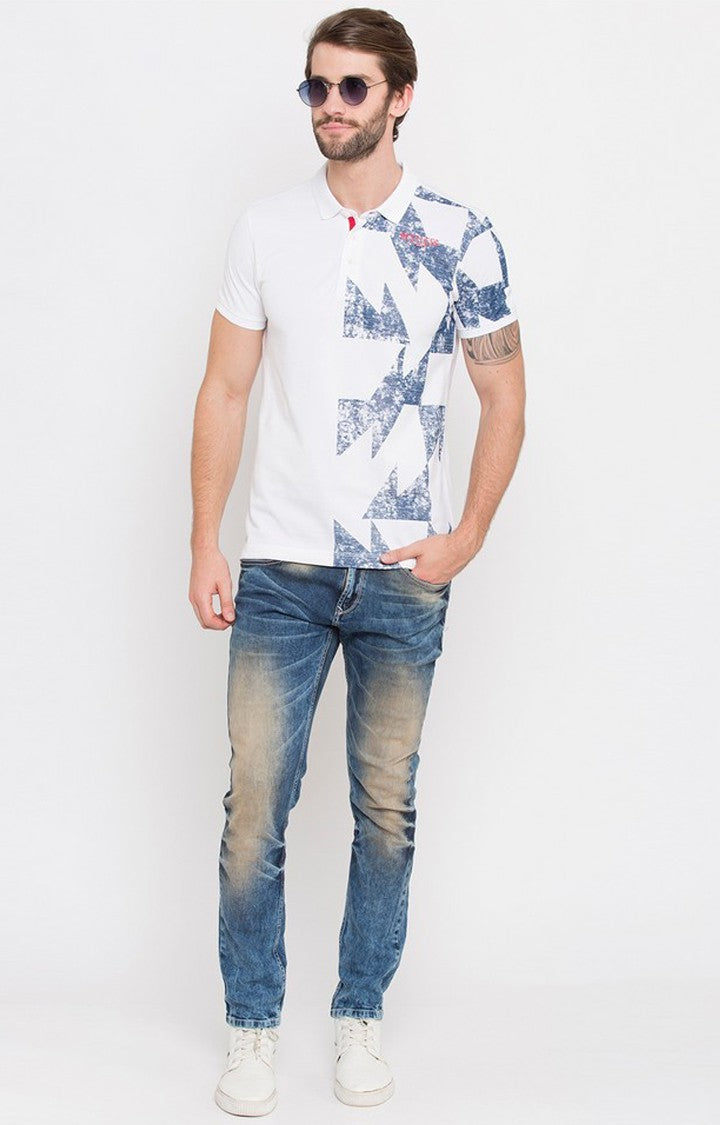 Spykar White Printed Polo T-Shirt