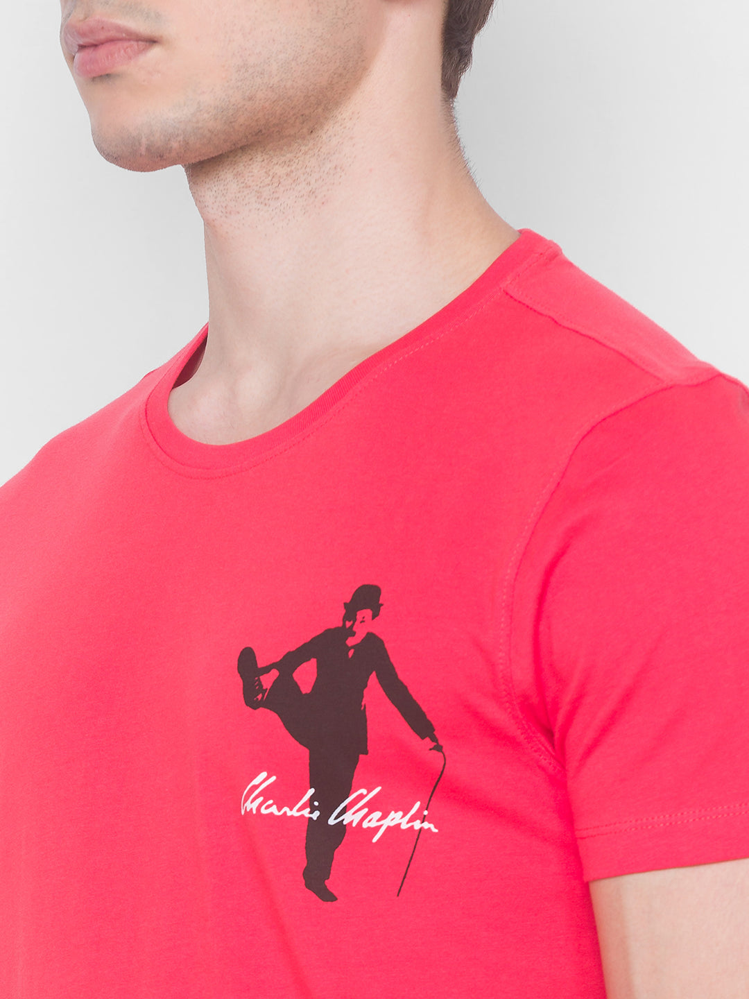 Charlie Chaplin Spykar Men Blue Cotton Slim Fit Round Neck T-Shirt