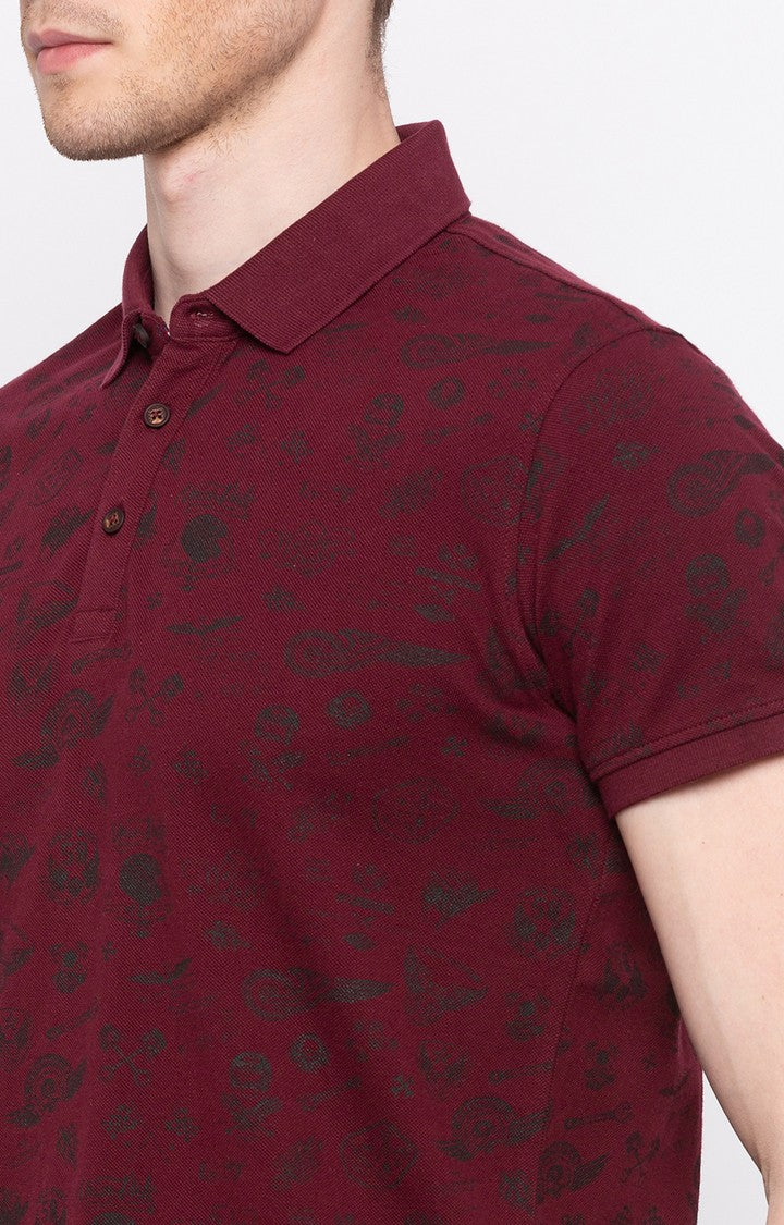 Spykar Wine Printed Slim Fit Polo T-Shirt