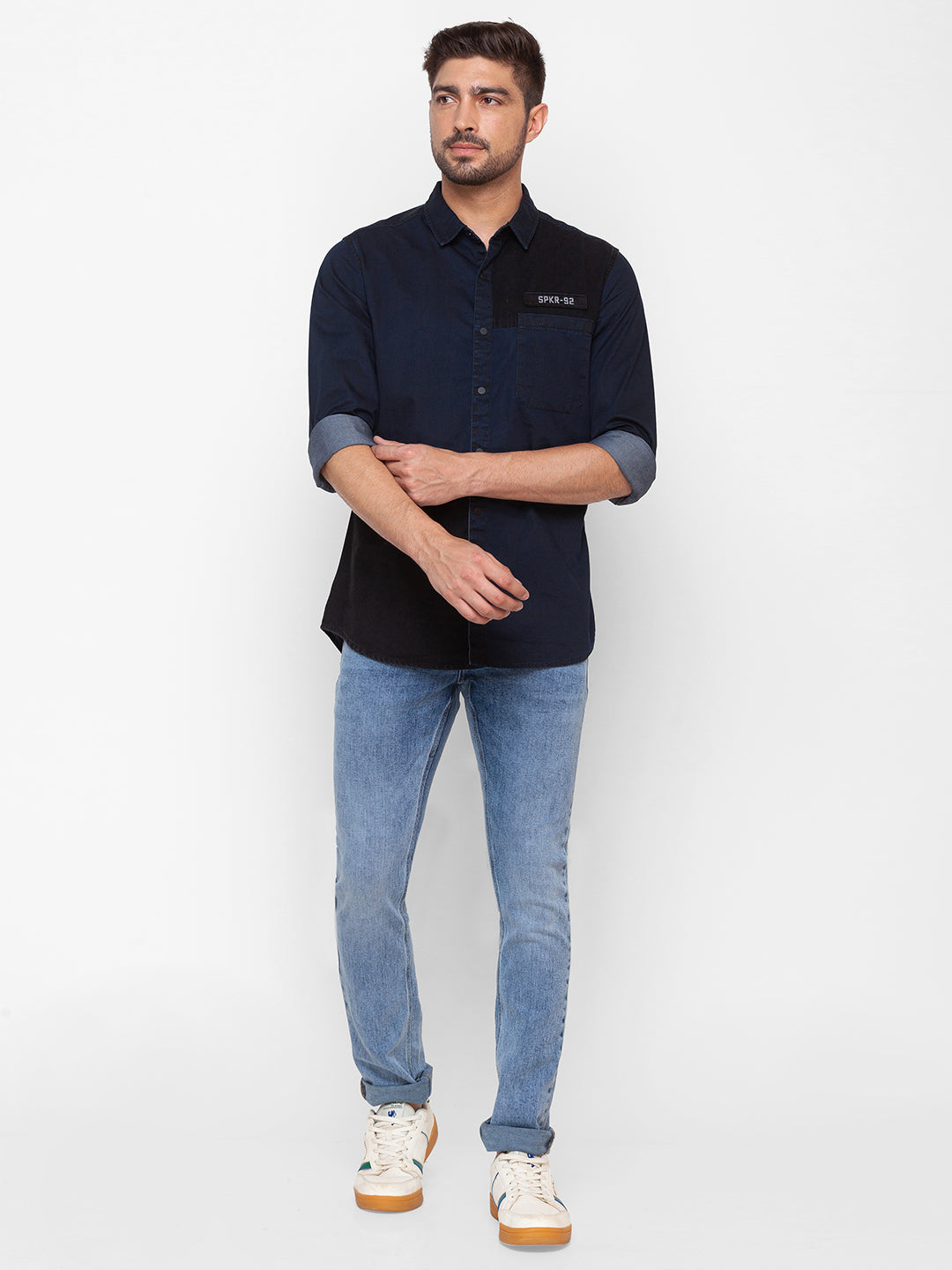 Spykar Dark Blue Cotton Full Sleeve Denim Shirt For Men