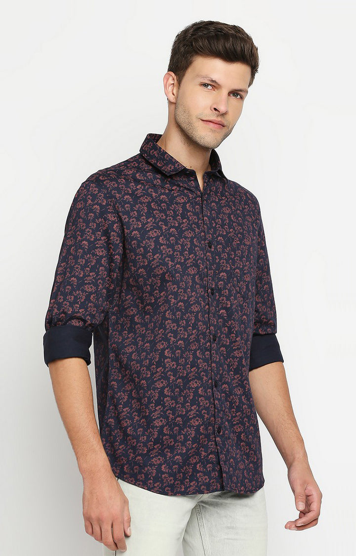 Spykar Men Navy Blue Cotton Slim Fit Floral Print Shirts