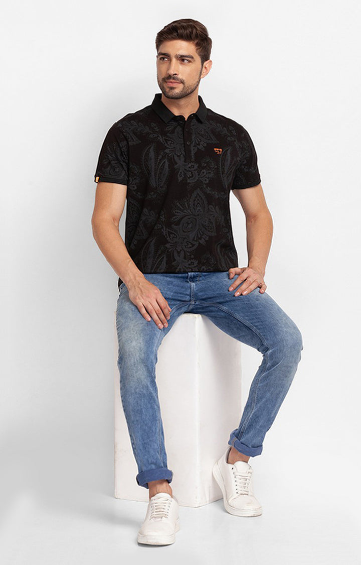 Spykar Black Cotton Half Sleeve Printed Casual Polo T-shirt For Men