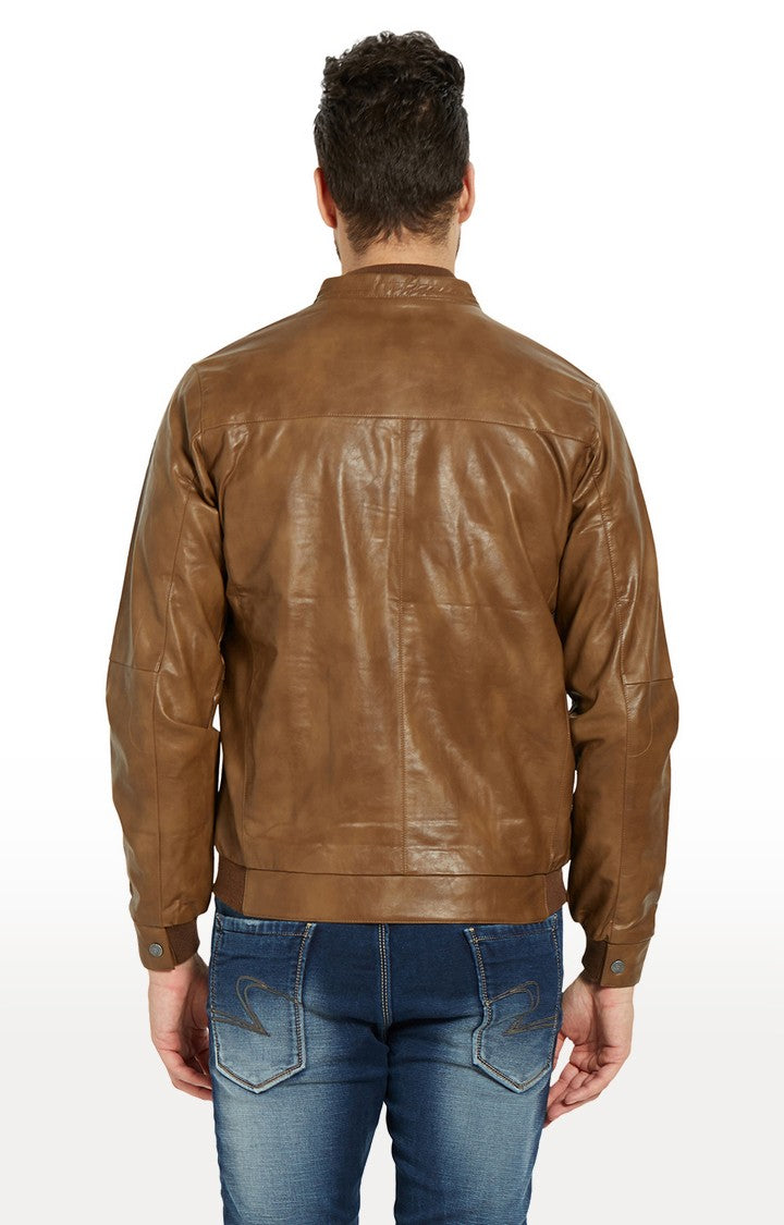 Spykar Men Tan Solid Regular Fit Leather Jacket