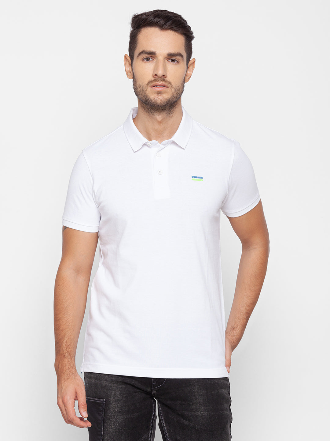 Spykar Men White Cotton Slim Fit Polo T-Shirt