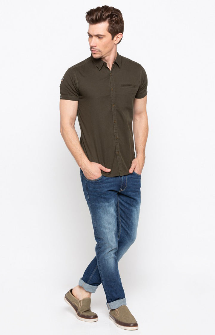 Spykar Men'S Green Cotton Solid Casual Shirts