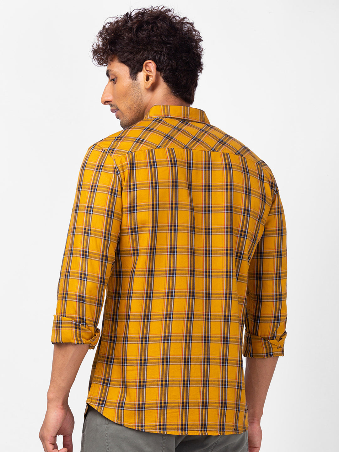 Spykar Men Golden Khaki Cotton Regular Fit Checkered Shirts