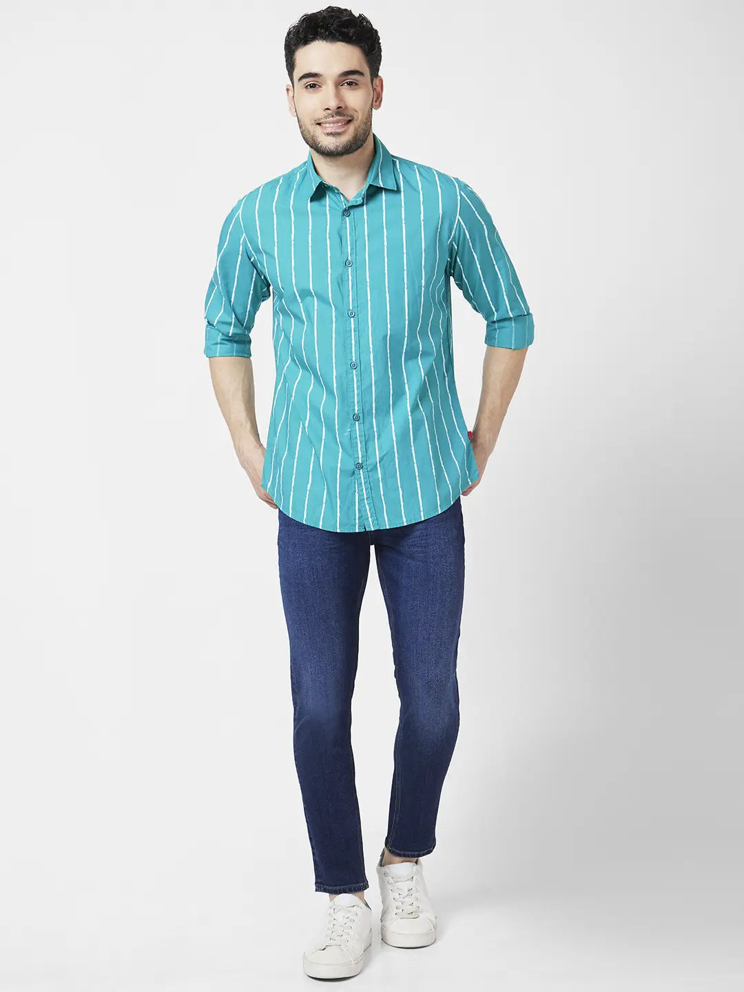 Spykar Men Teal Green Poplin Regular Slim Fit Full Sleeve Striped Shirt