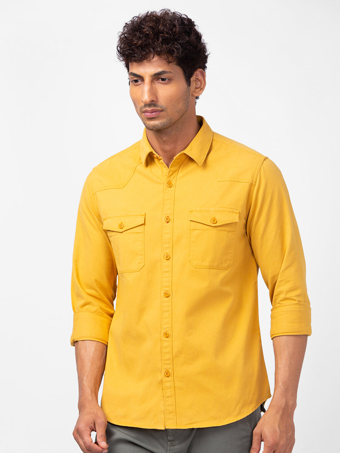 Spykar Men Mustard Yellow Cotton Slim Fit Plain Shirts