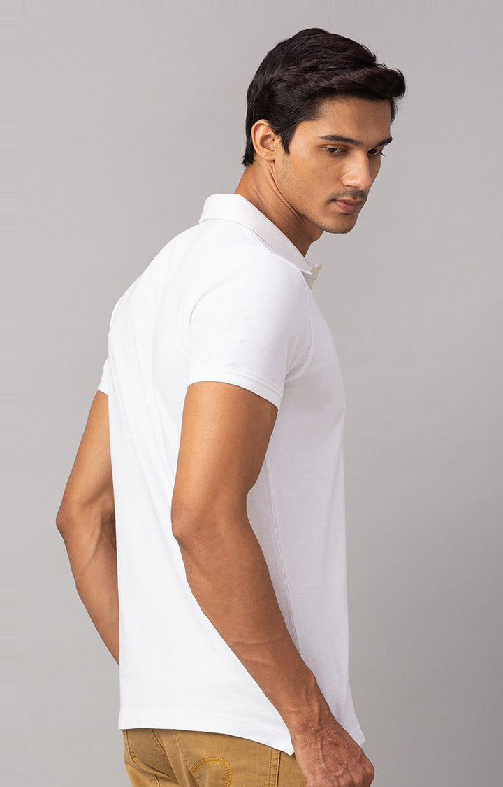 Spykar White Cotton Slim Fit Polo T-Shirt For Men