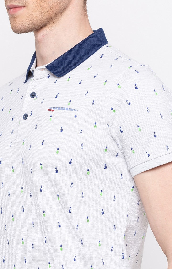 Spykar White Printed Slim Fit Polo T-Shirt