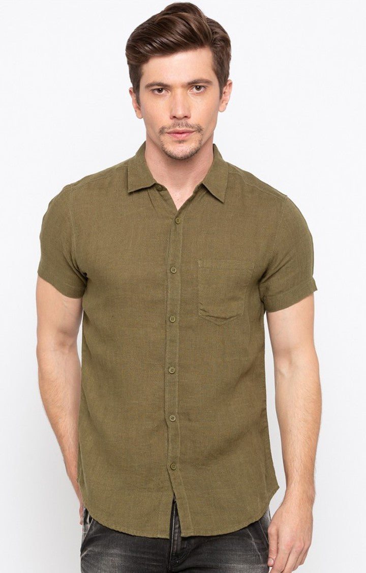 Spykar Men'S Green Cotton Solid Casual Shirts