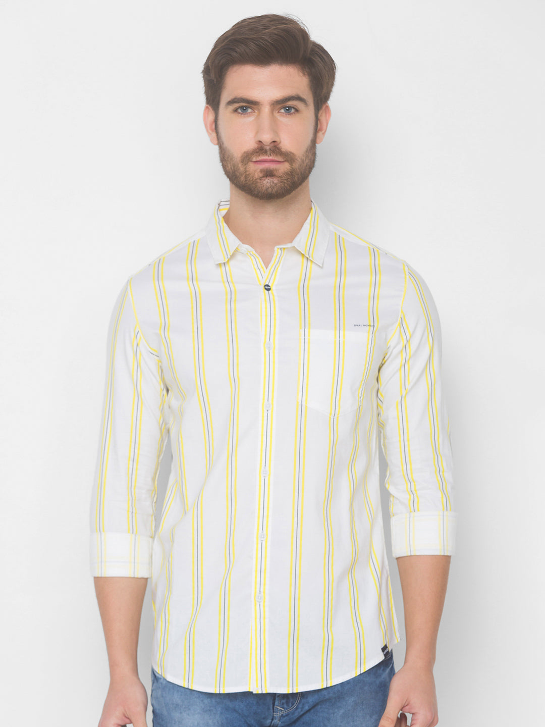 Spykar Men Pastel Yellow Cotton Slim Fit Shirt