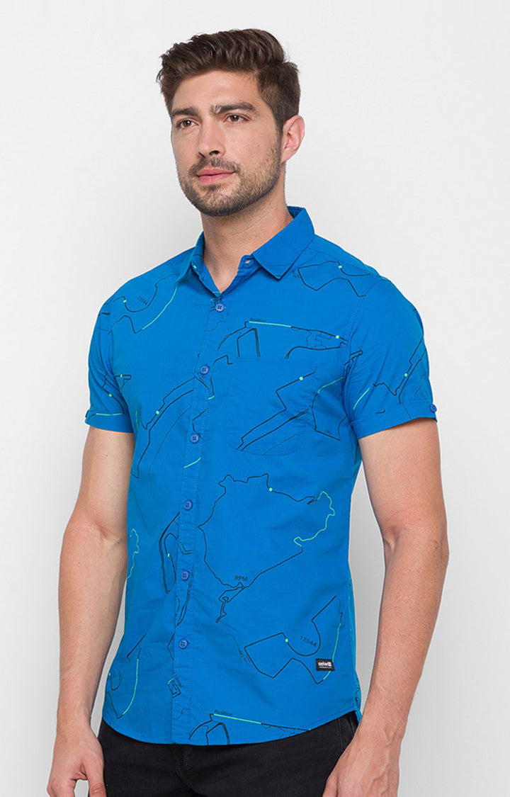Spykar Blue Cotton Slim Fit Shirts For Men