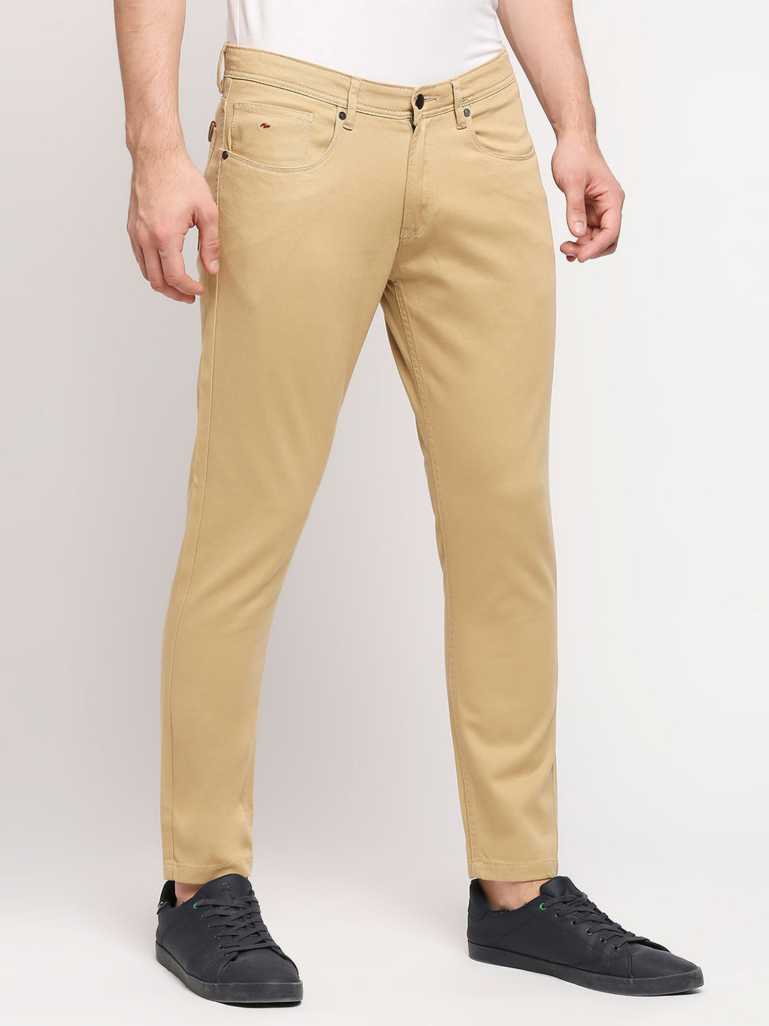 Spykar Men Sand Khaki Solid Slim Mid-Rise Trouser