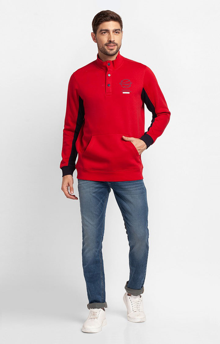 Spykar True Red Cotton Full Sleeve High Neck Sweatshirt For Men