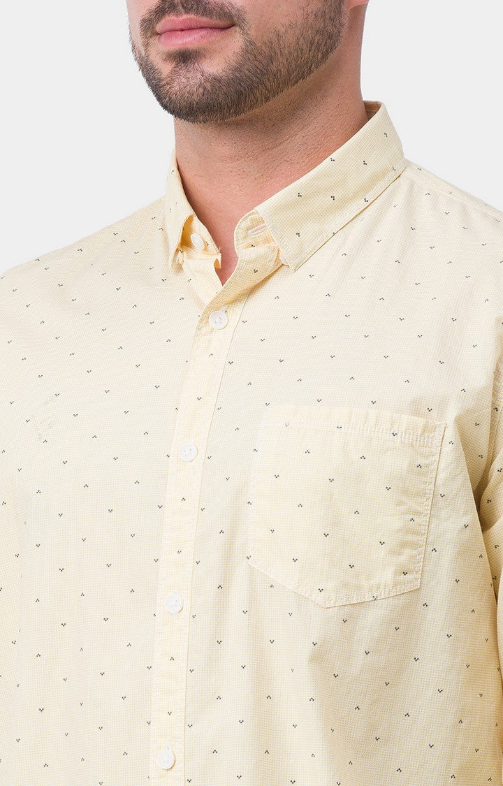 Spykar Butter Yellow Cotton Full Sleeve Printed Shirt For Men