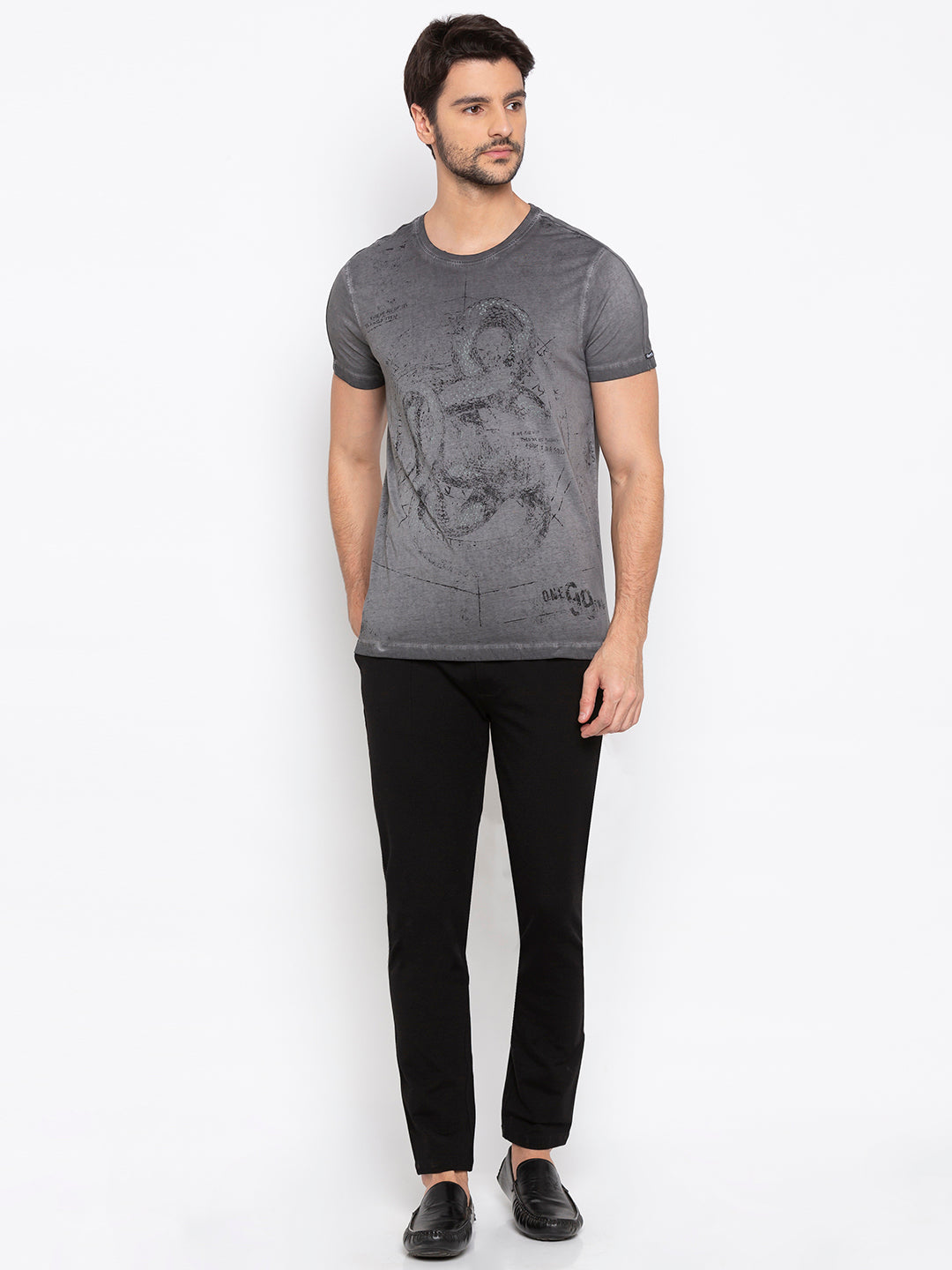 Spykar Men Dk Grey Cotton Slim Fit T-Shirt