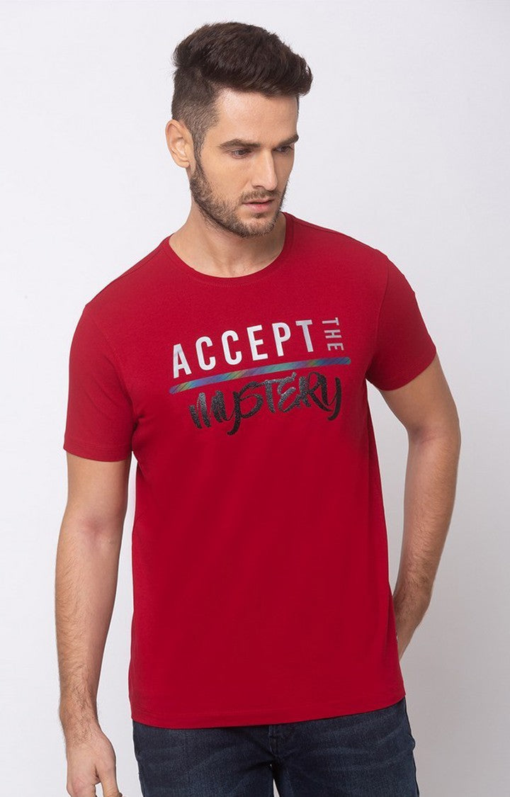 Spykar Red Cotton Slim Fit T-Shirt For Men