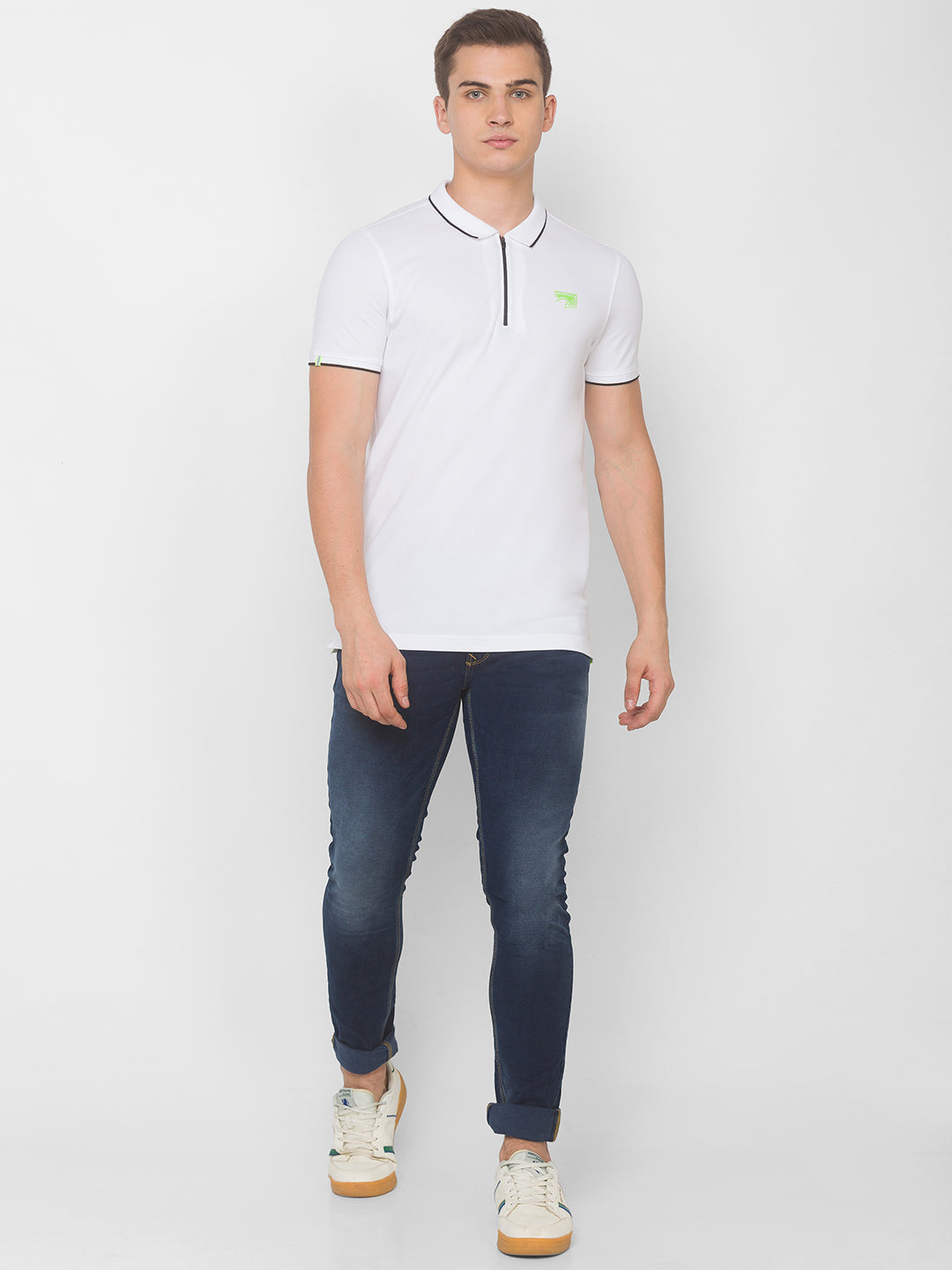 Spykar Men White Cotton Slim Fit Polo T-Shirt