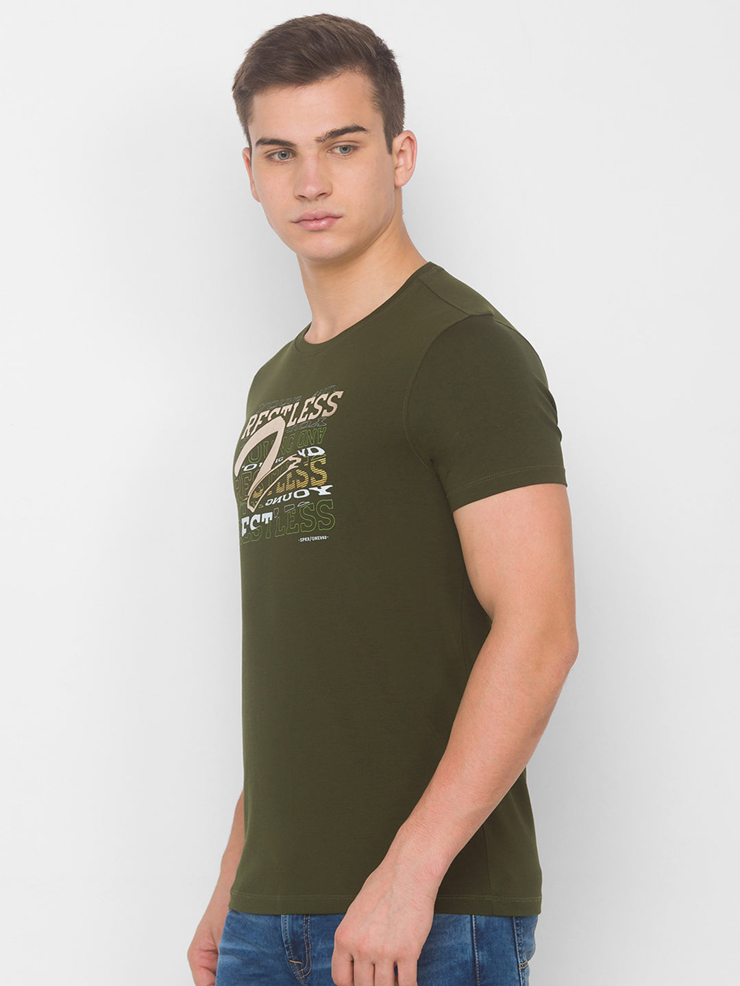 Spykar Men Green Cotton Slim Fit Round Neck T-Shirt