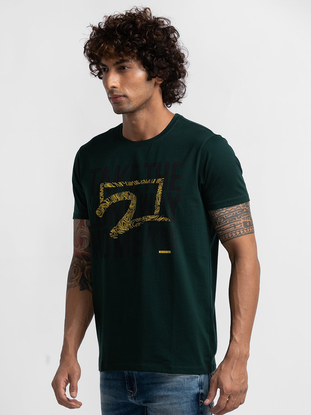 Spykar Bottle Green Cotton Half Sleeve Printed Casual T-Shirt For Men