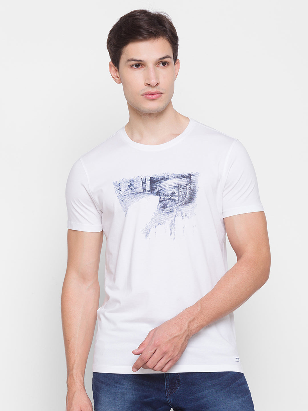 Spykar Men White Cotton Slim Fit Round Neck T-Shirt