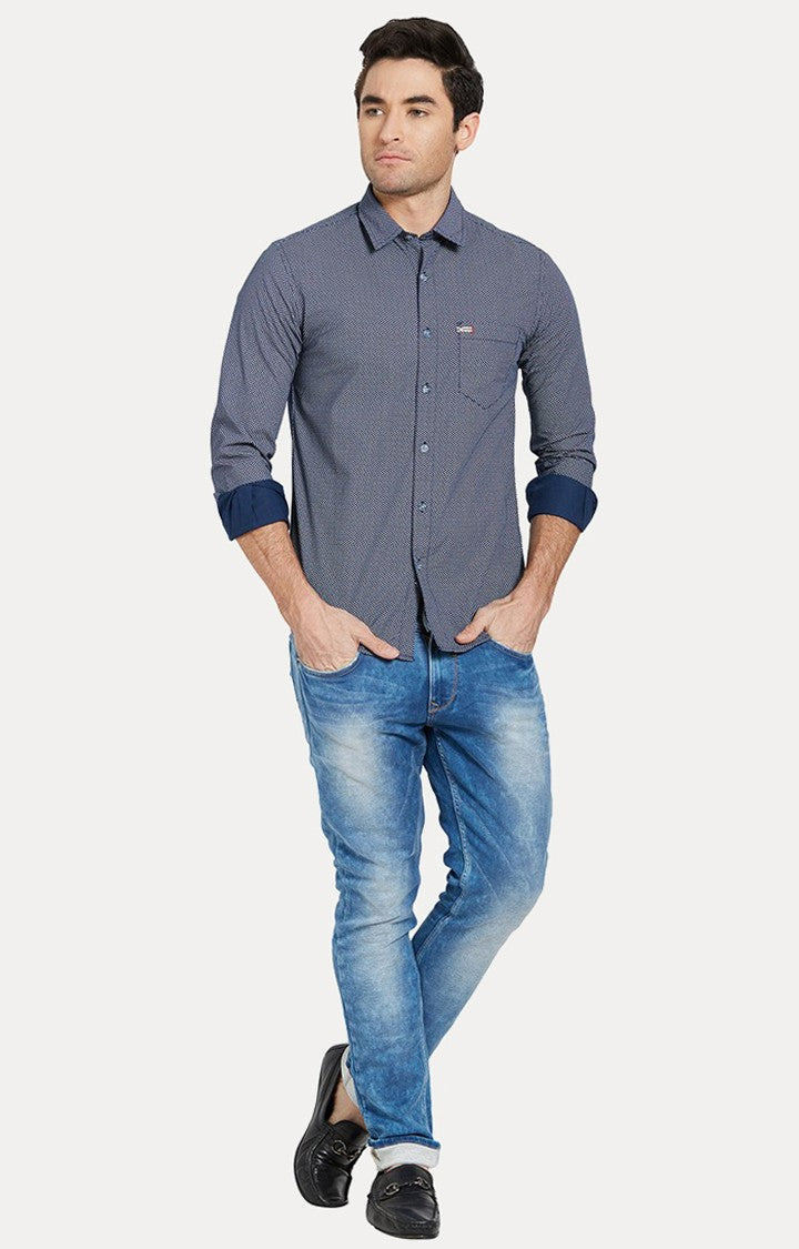 Spykar Men'S Blue Cotton Printed Casual Shirts