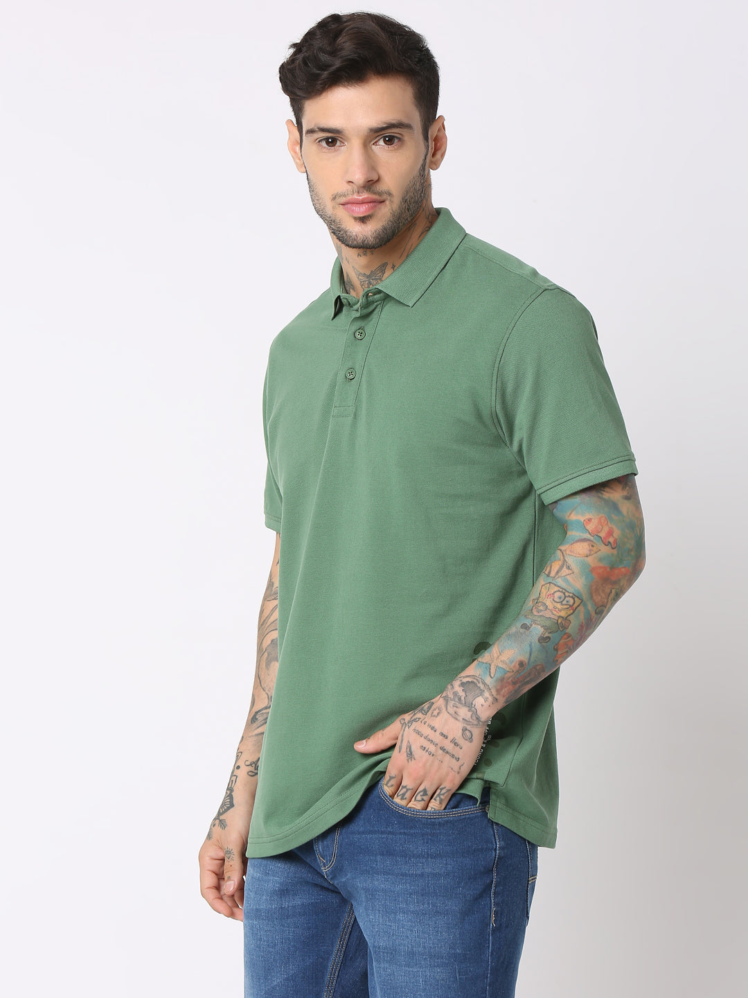 Spykar Men Dark Sage Green Cotton Regular Fit Polo Plain T-Shirt