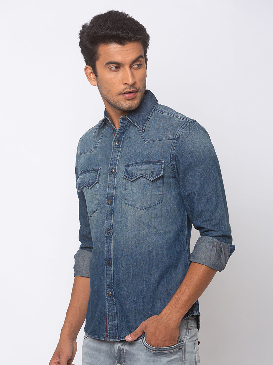 Spykar Men Dark Blue Cotton Slim Fit Shirt