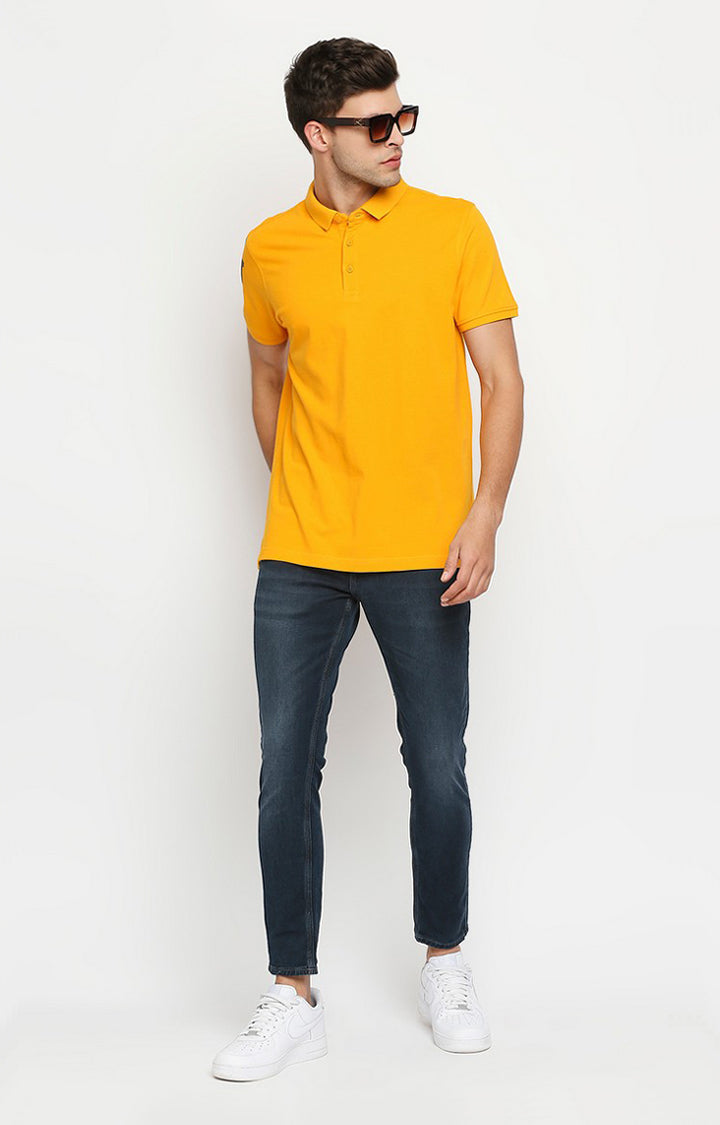 Spykar Men Yellow Cotton Printed Half Sleeve Polo T-Shirt