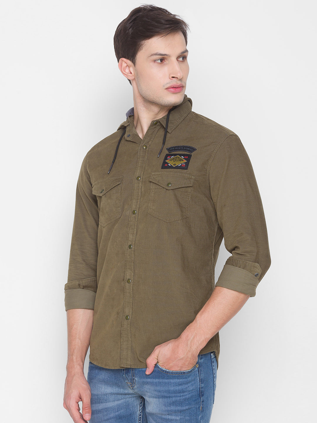 Spykar Slim Fit Green Cotton Men Shirt