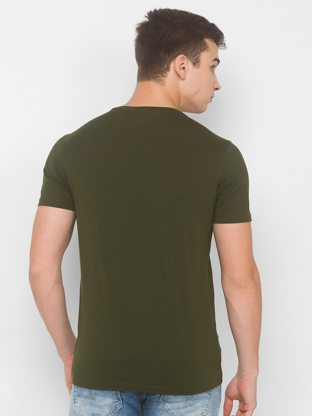 Spykar Men Green Cotton Slim Fit Round Neck T-Shirt