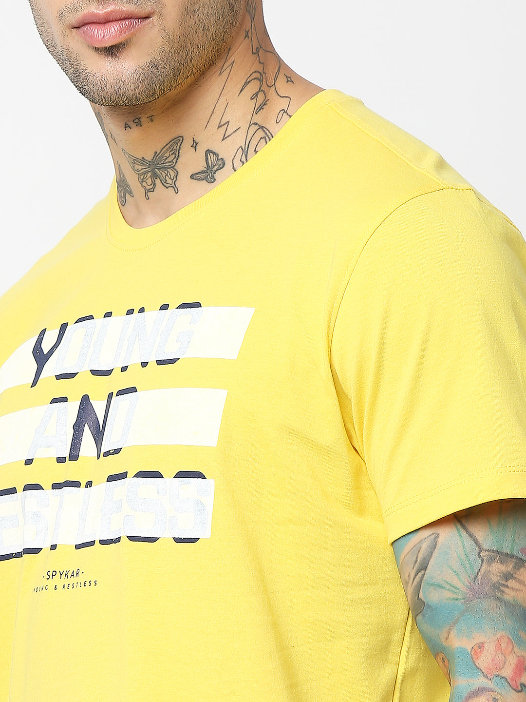 Spykar Men Yellow Cotton Slim Fit Round Neck Printed T-Shirt