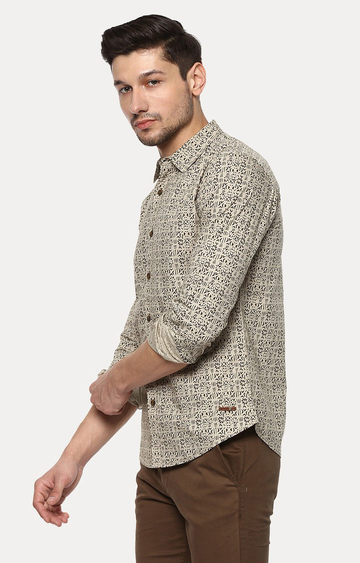 Spykar Men'S Beige Cotton Printed Casual Shirts