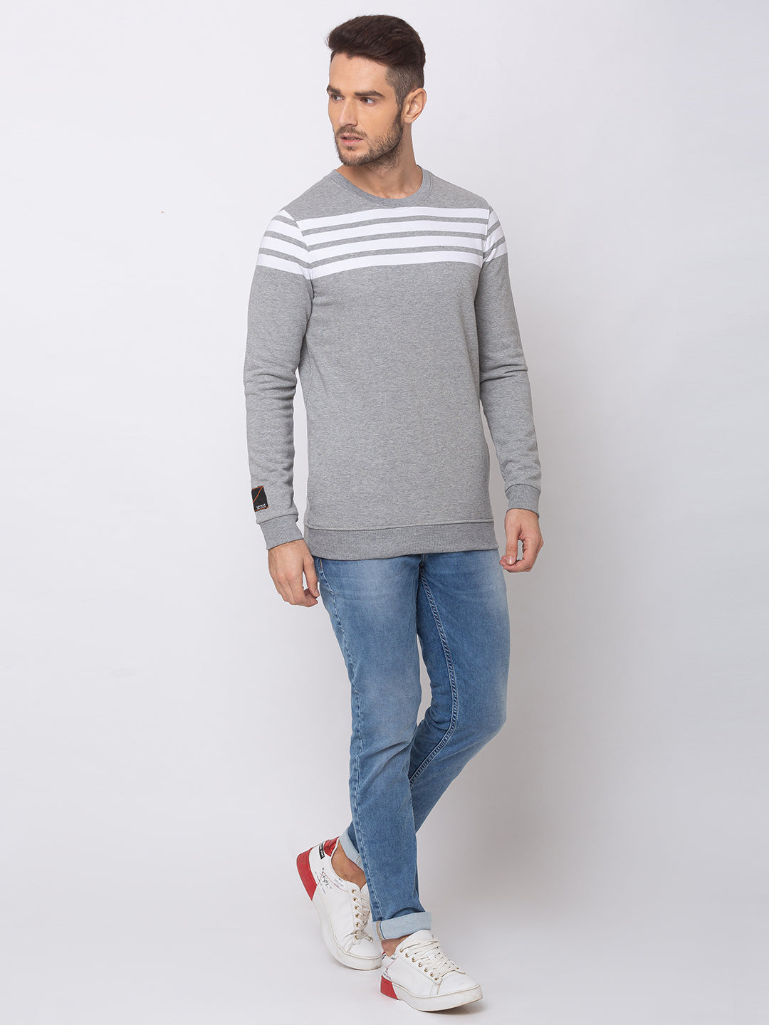 Spykar Grey Melange White Blended Slim Fit Sweatshirt For Men