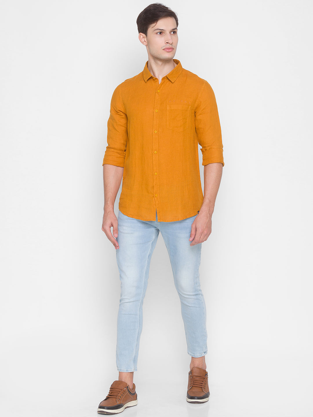 Spykar Slim Fit Yellow Cotton Men Shirt