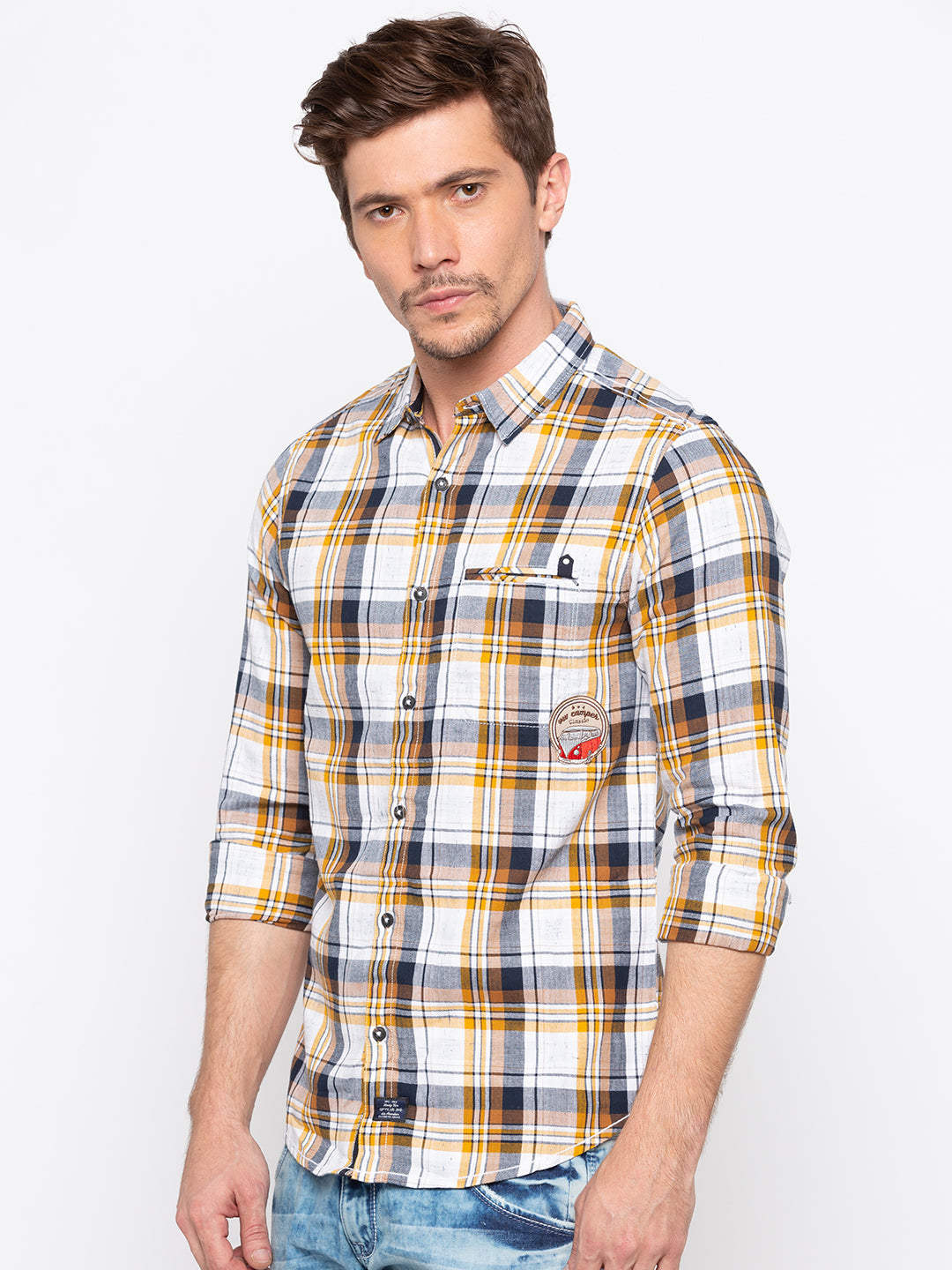 Spykar Men Mustard Checked Slim Fit Casual Shirt