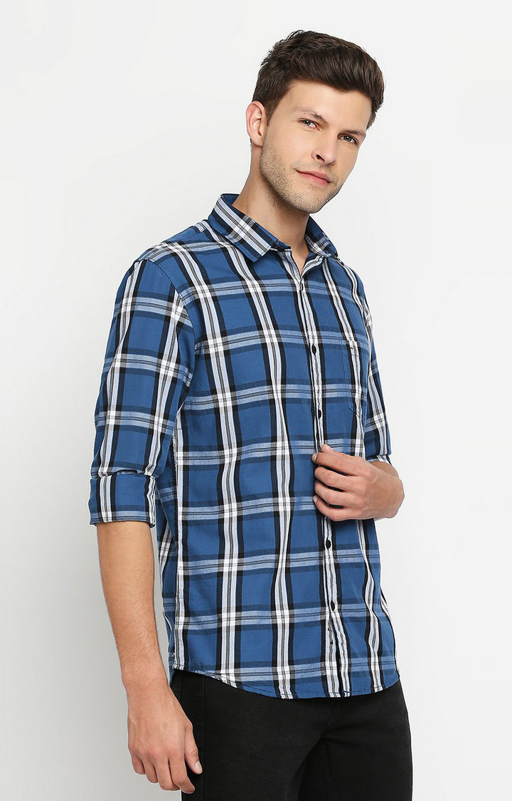 Spykar Men Blue Slim Fit Full Sleeve Checkered Shirt