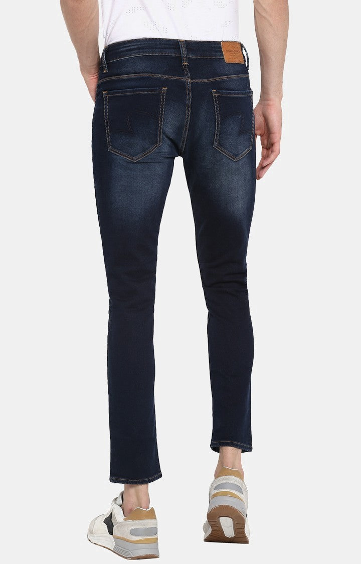 Spykar Blue Cotton Super Skinny Fit Tapered Ankle Length Jeans For Men